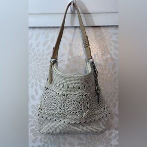 The Sak Sequoia Hobo Bag Boho Ivory Crochet Tan Leather Charms Shoulder Purse